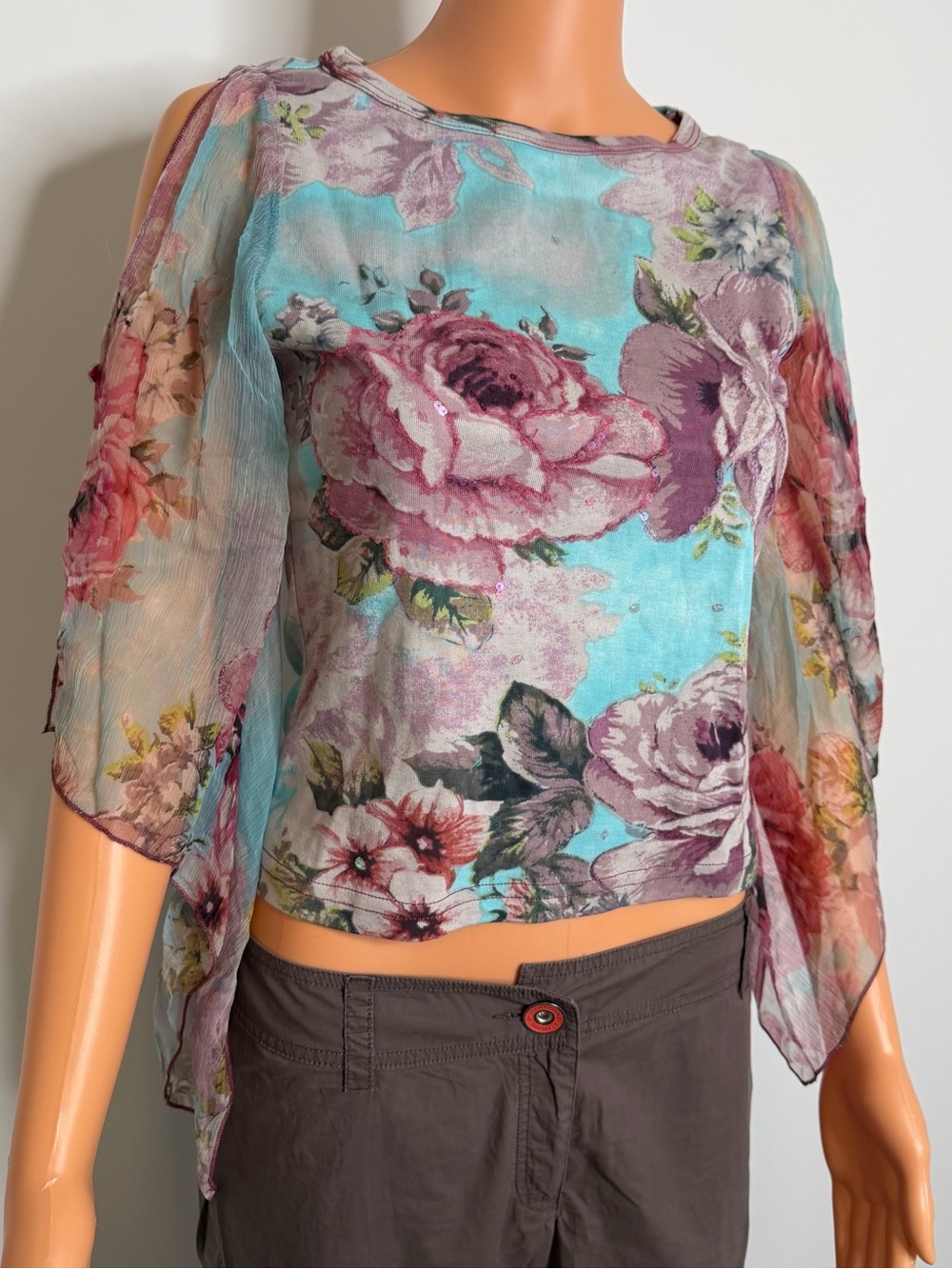 Vintage Rene Derhy Y2K Romantic Floral Sequin Top Draped Sleeve
